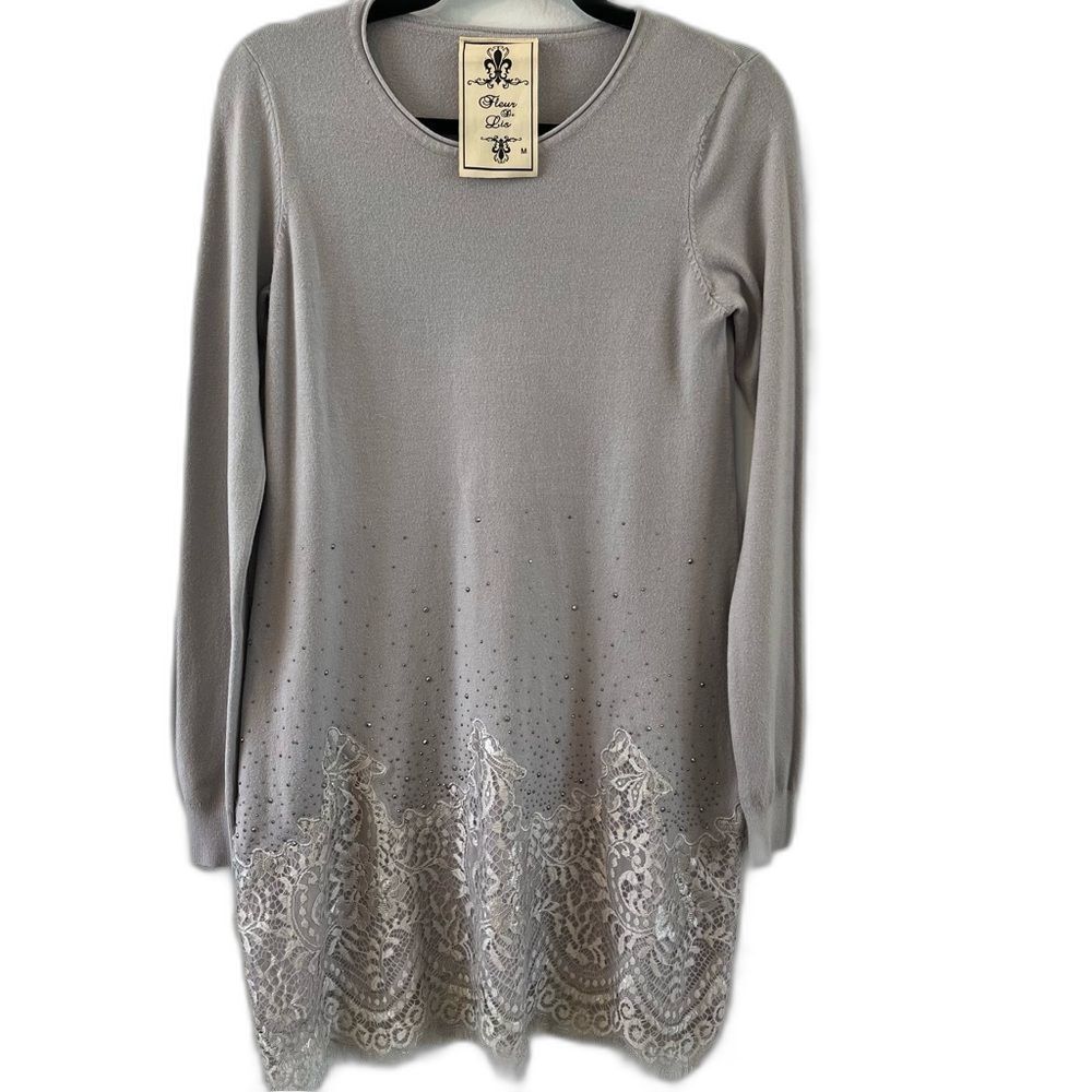 Fleur De Lis Gray Cashmere Blend Lace Hem Rhinestone Tunic Sweater Dress Medium